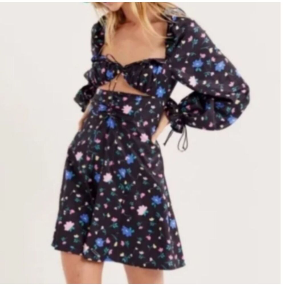 For Love & Lemons Floral Cutout Puff Sleeve Mini Dress Black XS